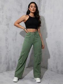 Flap Pocket Cargo Jeans - Green - View 5