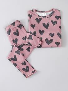 Toddler Girls Heart Print Lettuce Trim PJ Set - Pink - View 1