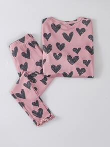 Toddler Girls Heart Print Lettuce Trim PJ Set - Pink - View 2