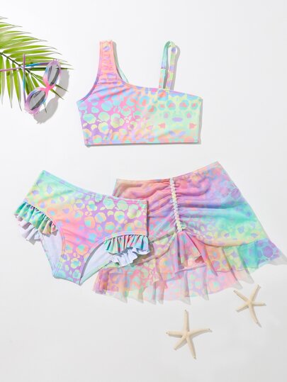 SHEIN Young Girl 3packs Leopard Print Bikini Set & Beach Skirt Summer Beach Summer Holiday