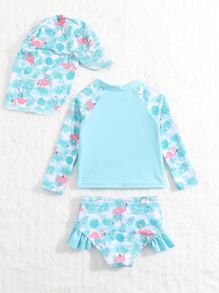 Baby Girl Flamingo Print Ruffle Trim Swimsuit With Hat - Baby Blue - View 2