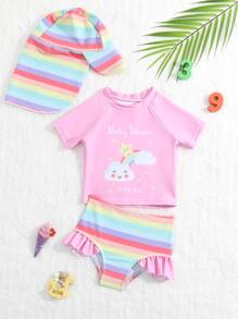 Baby Cartoon Graphic Raglan Sleeve Swimsuit With Accessory Hat - Multicolor - View 1