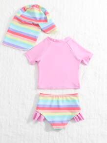 Baby Cartoon Graphic Raglan Sleeve Swimsuit With Accessory Hat - Multicolor - View 2
