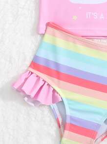 Baby Cartoon Graphic Raglan Sleeve Swimsuit With Accessory Hat - Multicolor - View 3