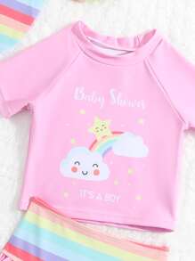 Baby Cartoon Graphic Raglan Sleeve Swimsuit With Accessory Hat - Multicolor - View 4