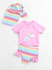 Baby Cartoon Graphic Raglan Sleeve Swimsuit With Accessory Hat - Multicolor - View 5