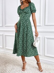SHEIN Frenchy Ditsy Floral Puff Sleeve Split Thigh Dress - Multicolor - View 4