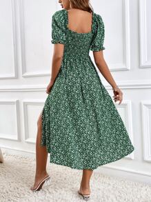 SHEIN Frenchy Ditsy Floral Puff Sleeve Split Thigh Dress - Multicolor - View 6