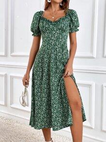 SHEIN Frenchy Ditsy Floral Puff Sleeve Split Thigh Dress - Multicolor - View 1