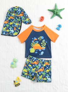 Baby Boy Cartoon Graphic Raglan Sleeve Swimsuit With Hat - Multicolor - View 1