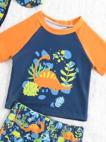 Baby Boy Cartoon Graphic Raglan Sleeve Swimsuit With Hat - Multicolor - View 3