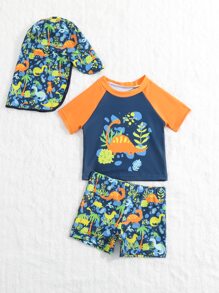 Baby Boy Cartoon Graphic Raglan Sleeve Swimsuit With Hat - Multicolor - View 5