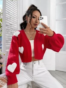 SHEIN EZwear Winter Heart Pattern Drop Shoulder Duster Red Cardigan - Red - View 1
