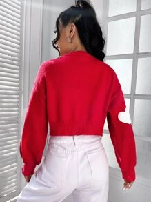 SHEIN EZwear Winter Heart Pattern Drop Shoulder Duster Red Cardigan - Red - View 2