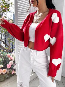 SHEIN EZwear Winter Heart Pattern Drop Shoulder Duster Red Cardigan - Red - View 3