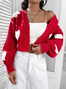 SHEIN EZwear Winter Heart Pattern Drop Shoulder Duster Red Cardigan - Red - View 5