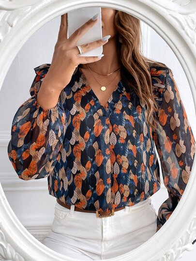 SHEIN Frenchy Blusa con estampado total y mangas de farol, blusas de manga larga