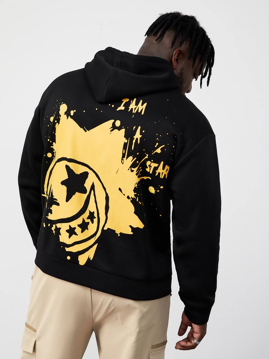 Manfinity Men Plus Cartoon & Slogan Graphic Drop Shoulder Hoodie - Black - View 1