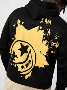Manfinity Men Plus Cartoon & Slogan Graphic Drop Shoulder Hoodie - Black - View 5
