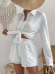 SHEIN Holidaya 素色落肩袖襯衫和短褲 - 白色 - 查看 1