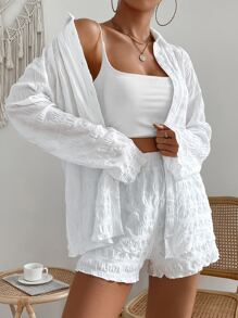 SHEIN Holidaya 素色落肩袖襯衫和短褲 - 白色 - 查看 3
