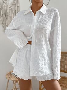 SHEIN Holidaya 素色落肩袖襯衫和短褲 - 白色 - 查看 4