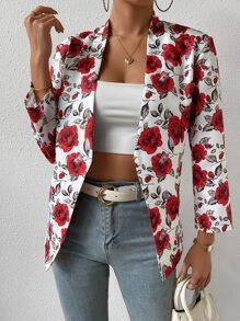 SHEIN Clasi Allover Floral Print Open Front Blazer - Red - View 1
