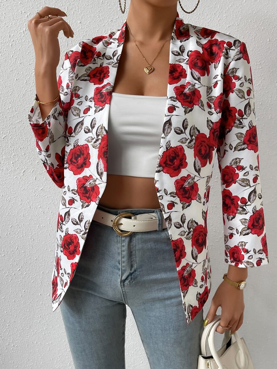 SHEIN Clasi Allover Floral Print Open Front Blazer - Red - View 1