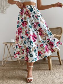 SHEIN VCAY Falda con estampado floral bajo con fruncido - Blanco - Ver 1