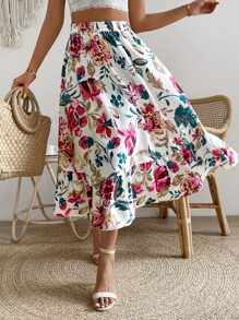 SHEIN VCAY Falda con estampado floral bajo con fruncido - Blanco - Ver 3