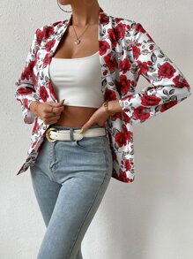 SHEIN Clasi Allover Floral Print Open Front Blazer - Red - View 3