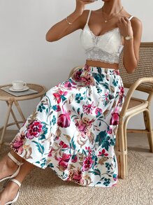 SHEIN VCAY Falda con estampado floral bajo con fruncido - Blanco - Ver 4