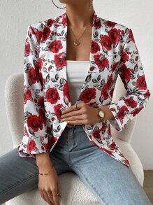 SHEIN Clasi Allover Floral Print Open Front Blazer - Red - View 5