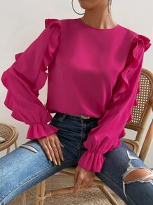 SHEIN Essnce Ruffle Trim Flounce Sleeve Blouse - Hot Pink - View 1