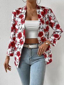 SHEIN Clasi Allover Floral Print Open Front Blazer - Red - View 6