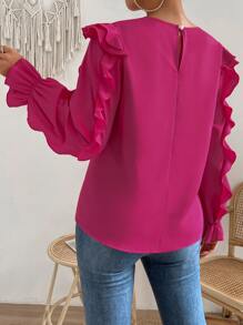 SHEIN Essnce Ruffle Trim Flounce Sleeve Blouse - Hot Pink - View 2