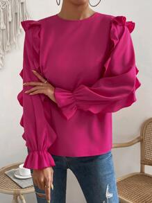 SHEIN Essnce Ruffle Trim Flounce Sleeve Blouse - Hot Pink - View 3