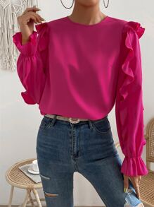 SHEIN Essnce Ruffle Trim Flounce Sleeve Blouse - Hot Pink - View 4