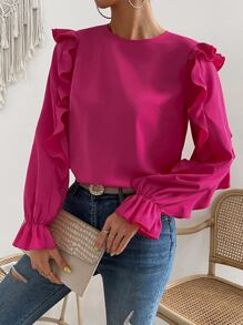 SHEIN Essnce Ruffle Trim Flounce Sleeve Blouse - Hot Pink - View 5