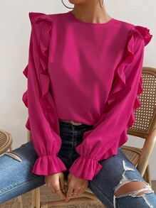 SHEIN Essnce Ruffle Trim Flounce Sleeve Blouse - Hot Pink - View 6