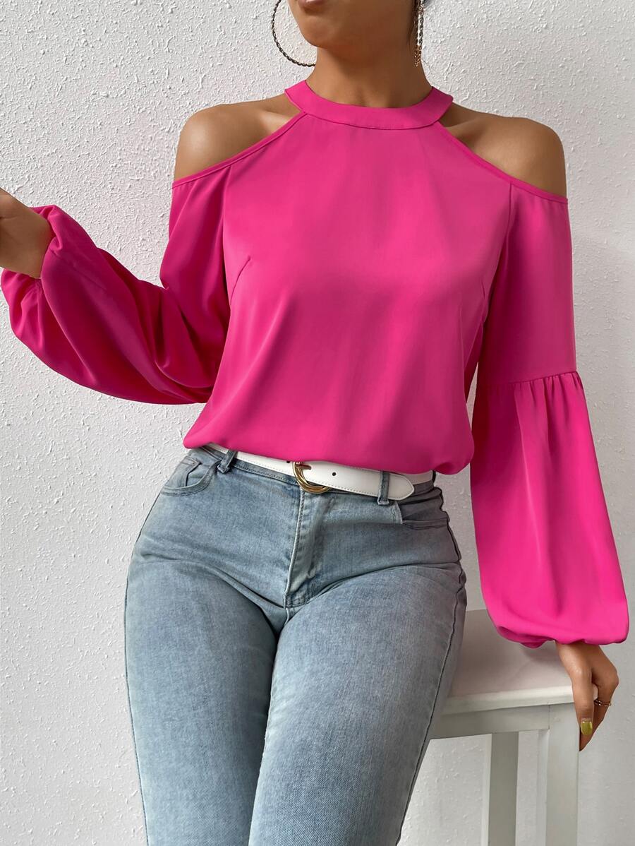 SHEIN Privé Cold Shoulder Lantern Sleeve Blouse - Hot Pink - View 1