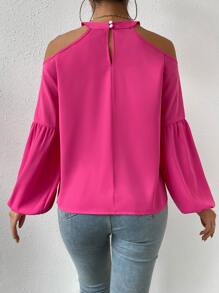 SHEIN Privé Cold Shoulder Lantern Sleeve Blouse - Hot Pink - View 2
