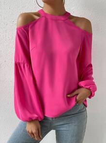 SHEIN Privé Cold Shoulder Lantern Sleeve Blouse - Hot Pink - View 3