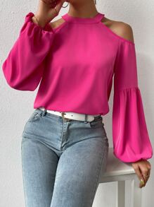 SHEIN Privé Cold Shoulder Lantern Sleeve Blouse - Hot Pink - View 4