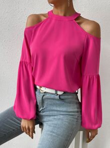 SHEIN Privé Cold Shoulder Lantern Sleeve Blouse - Hot Pink - View 5
