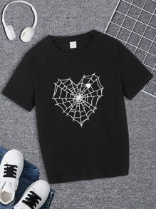 SHEIN Boys Spider Web Print Tee - Black - View 1