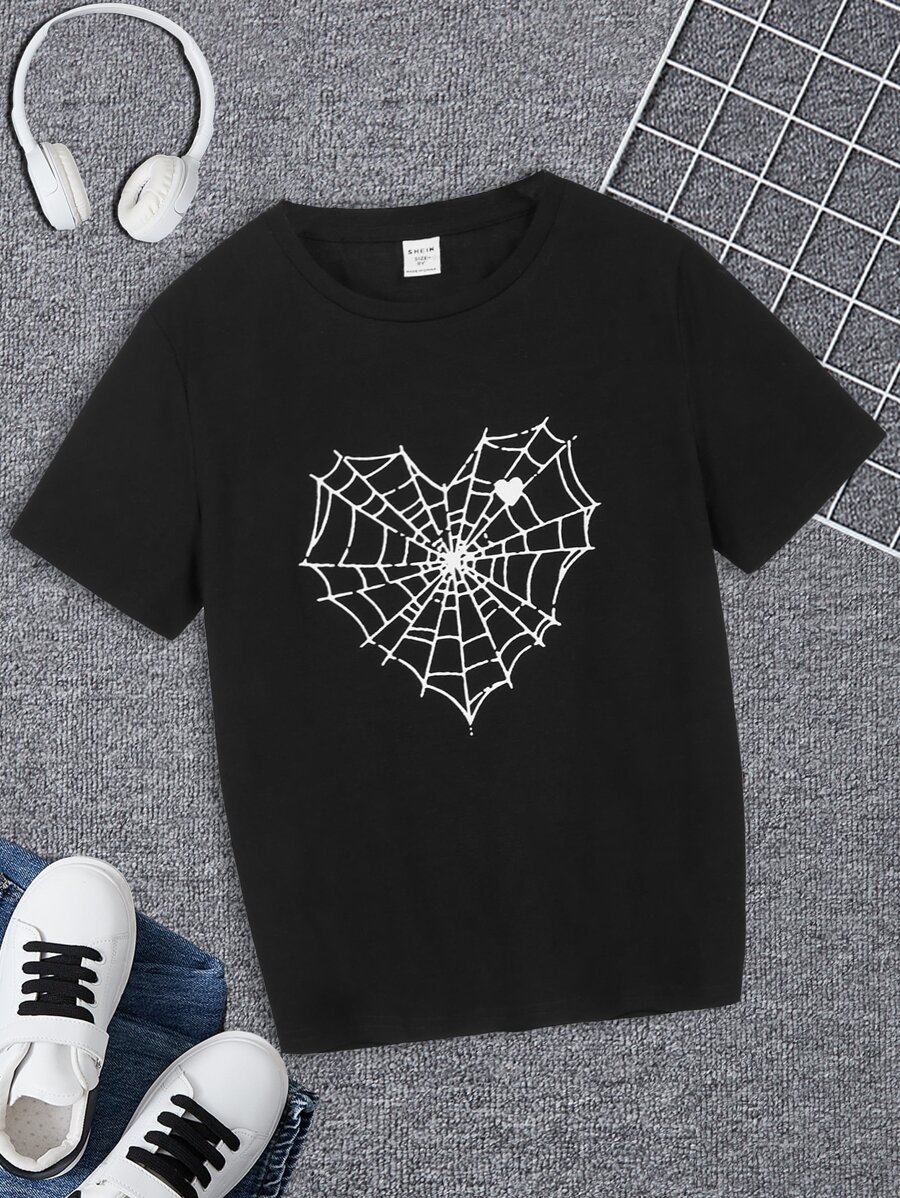 SHEIN Boys Spider Web Print Tee - Black - View 1