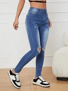 Jeans ajustados desgarro de talle alto - Azul lavado medio - Ver 4