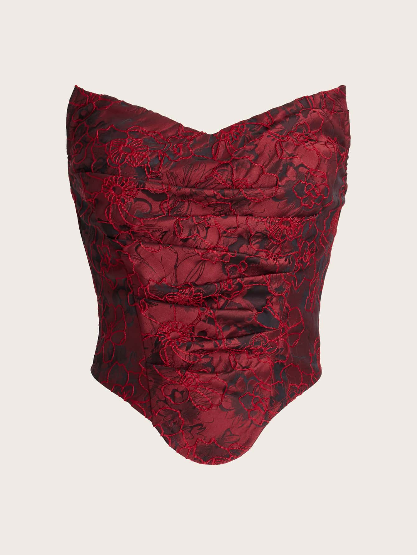 SHEIN ICON 印花褶邊頭巾下擺短款抹胸上衣 - 酒紅色 - 查看 1