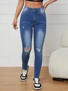 Jeans ajustados desgarro de talle alto - Azul lavado medio - Ver 3